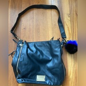 Juicy Couture Black Leather Shoulder Crossbody Bag Pompom Charm Gold Zipper Side